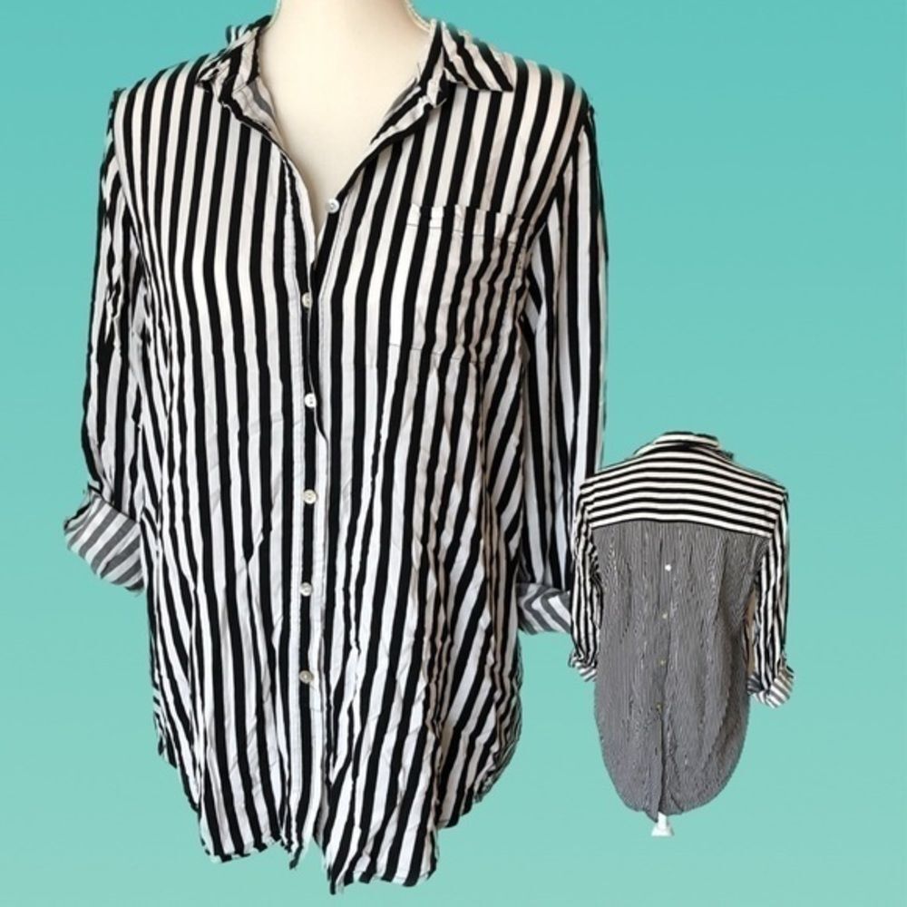 Jane and Delancey Switchback Striped Collared Button Down Blouse